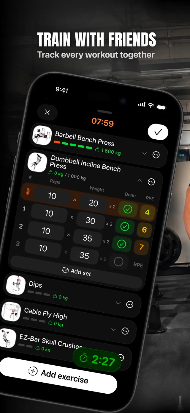 Powor workout logging screen: an active session timer above a list of exercises with sets, reps, weight and RPE