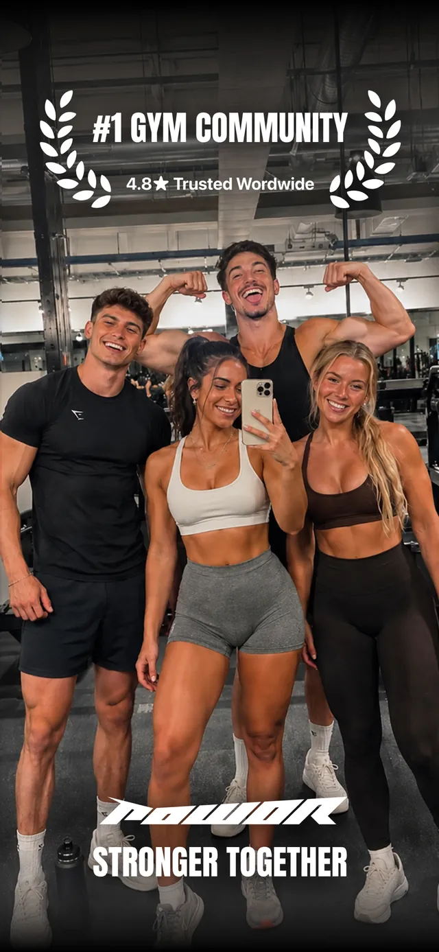 Powor App Store artwork: four people in a gym under the wordmark and the line Stronger Together
