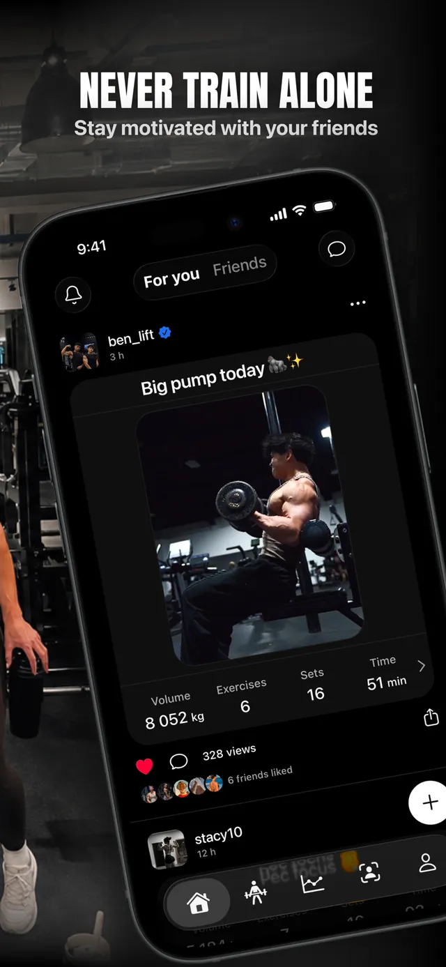 Powor social feed: a friend's posted session showing volume, exercises, sets and duration, with likes and comments